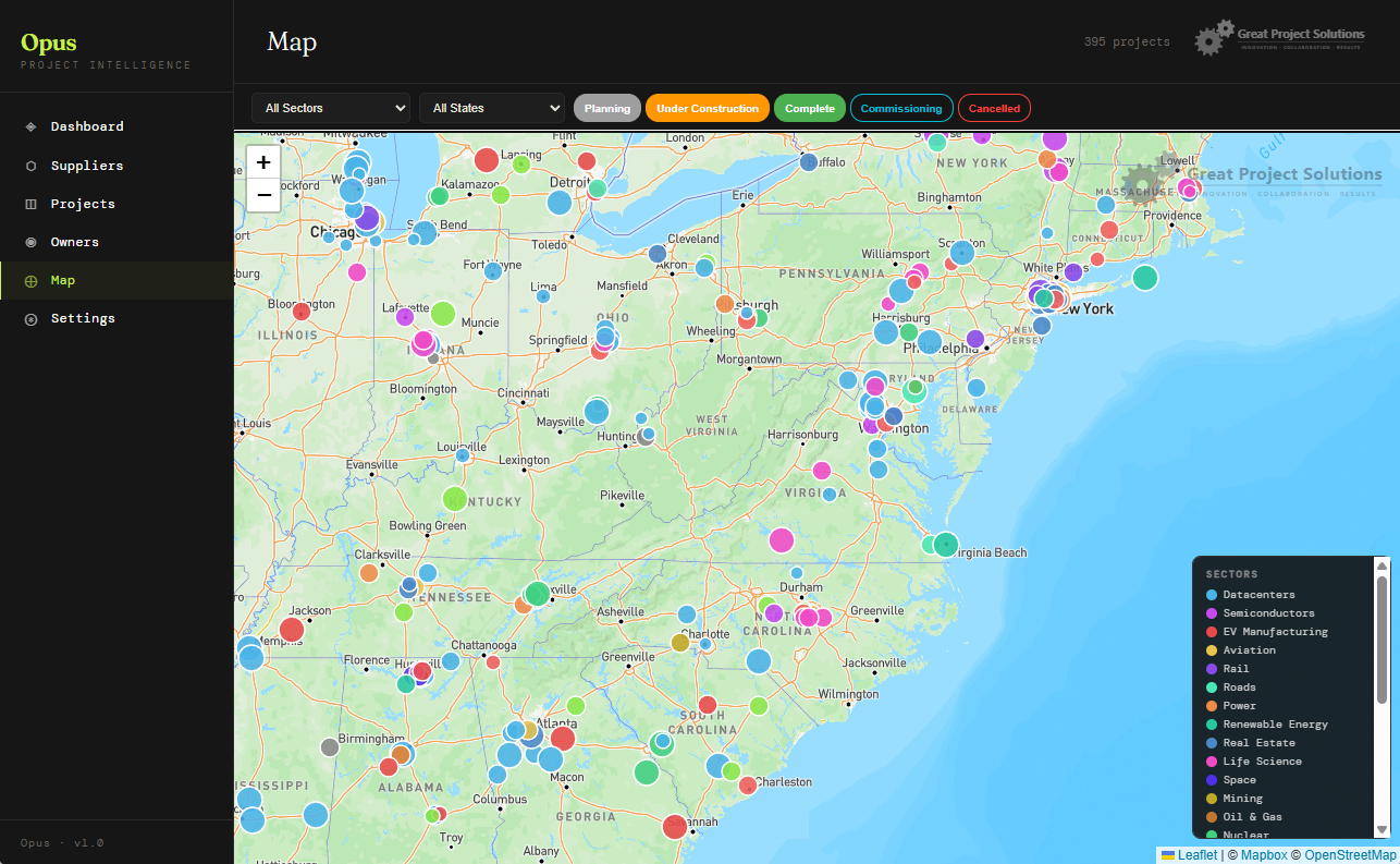 OPUS interactive map showing 399 active megaprojects across the United States, colour-coded by sector